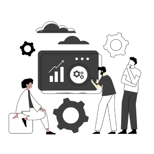 Flat illustration of people working on data analysis and digital optimization, symbolizing marketing or tech services.